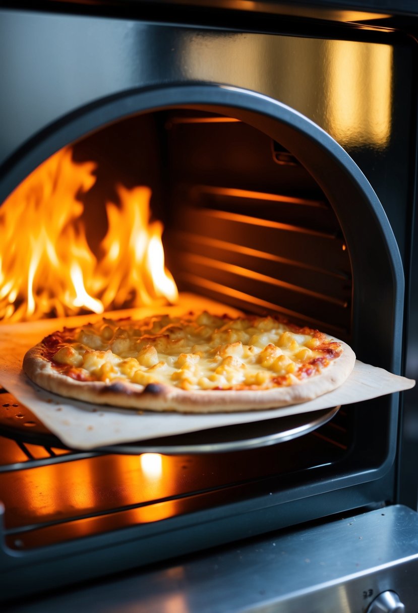 A bubbling, golden-brown mac and cheese pizza emerges from a Uuni oven, surrounded by the warm glow of the fire