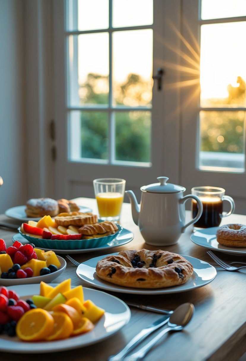 A table set with a variety of breakfast foods, including fruits, pastries, and a pot of coffee, with the morning sun streaming in through a window