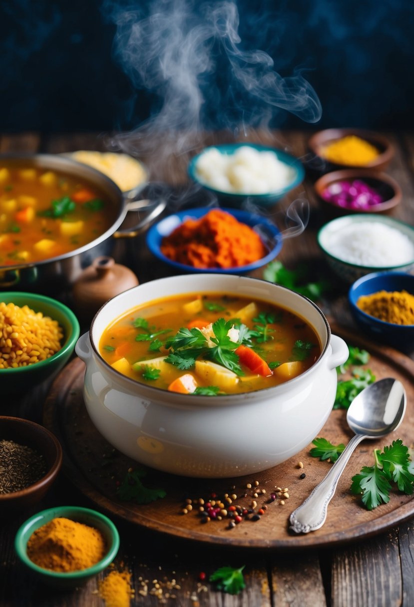 A steaming pot of Uzbek soup surrounded by colorful ingredients and traditional spices on a rustic wooden table