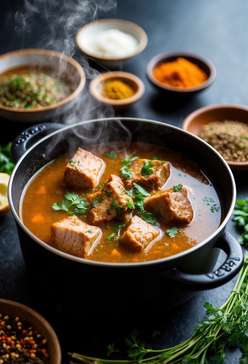 A steaming pot of Uzbek Shurpa soup with chunks of tender lamb, surrounded by traditional spices and herbs