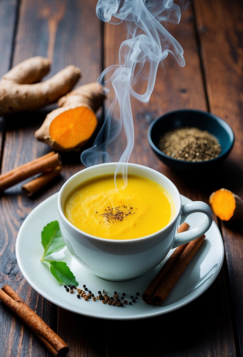 A steaming cup of golden milk sits on a wooden table, surrounded by fresh turmeric root, cinnamon sticks, and a sprinkle of black pepper