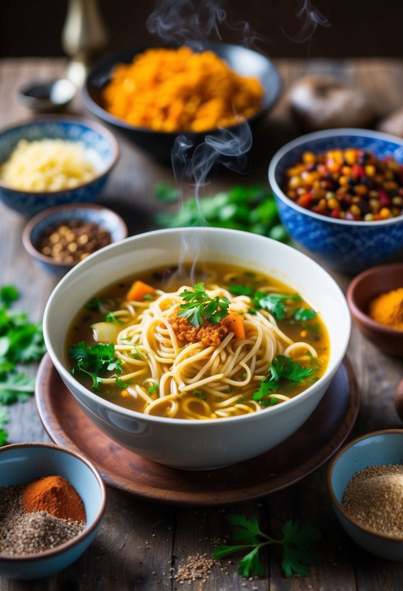 A steaming bowl of Lagman Noodle Soup surrounded by colorful ingredients and traditional Uzbek spices on a rustic table