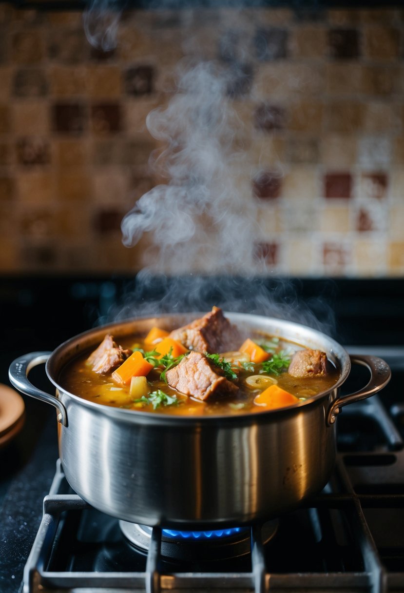 A steaming pot of Kaynatma Shurva simmers on a stove, filled with chunks of meat and vegetables, releasing a rich, savory aroma