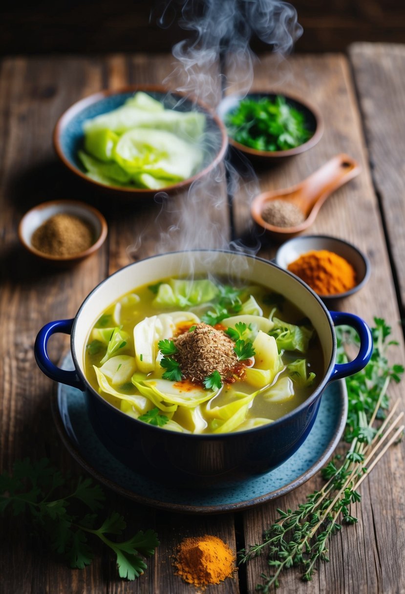 A steaming pot of cabbage soup surrounded by traditional Uzbek spices and herbs on a rustic wooden table