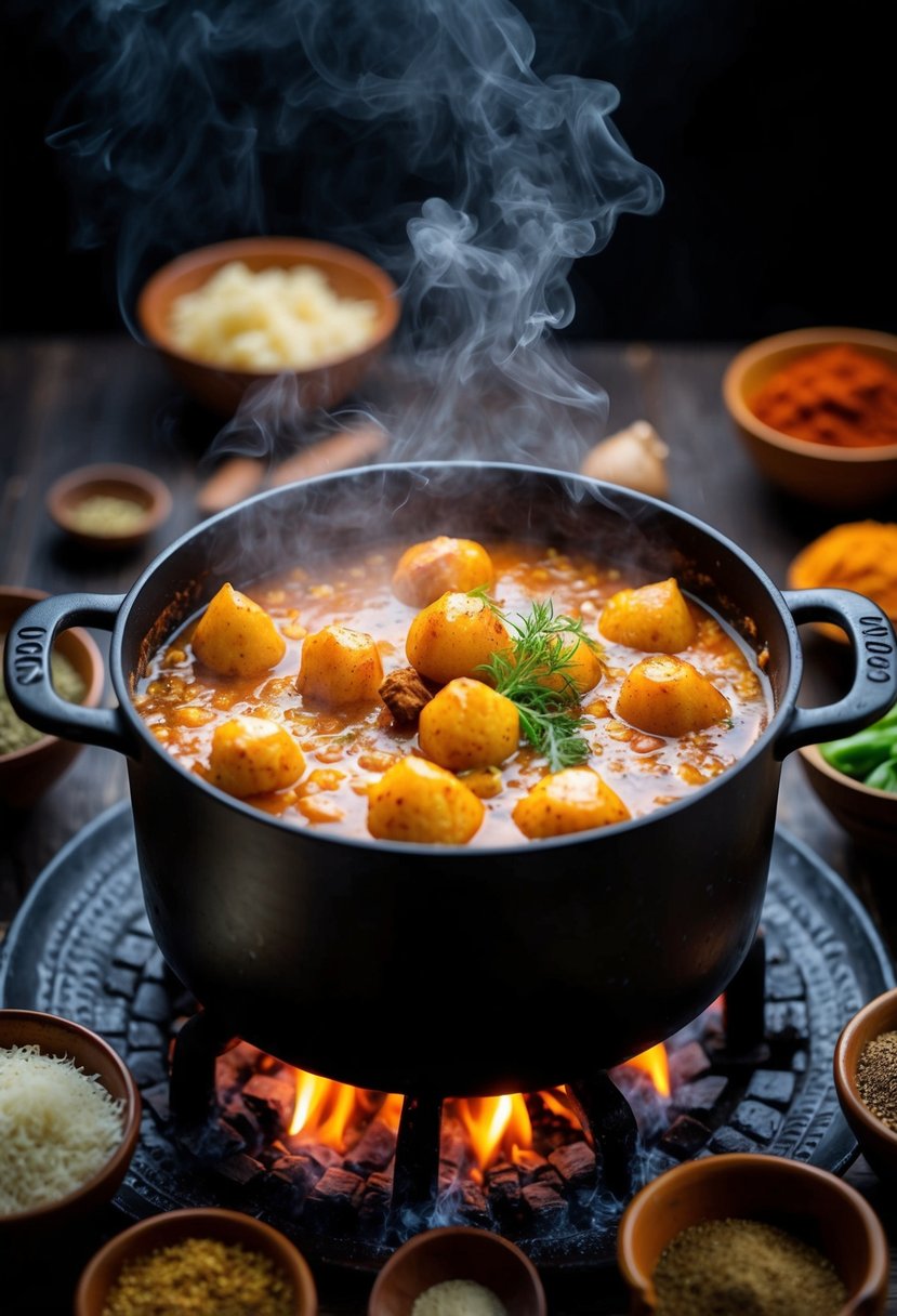 A steaming pot of Qovurma Shurva simmering over a crackling fire, surrounded by traditional Uzbek spices and ingredients