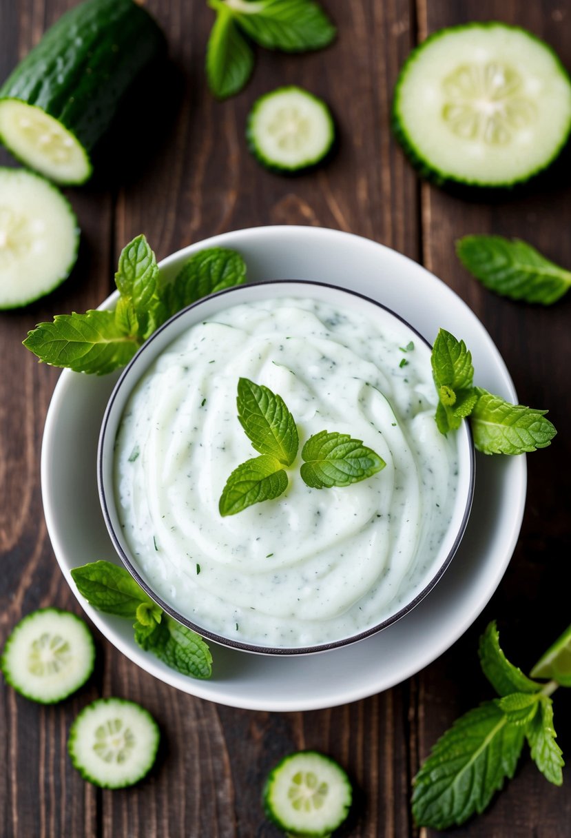 A bowl of cucumber raita surrounded by fresh cucumber slices and mint leaves on a wooden table