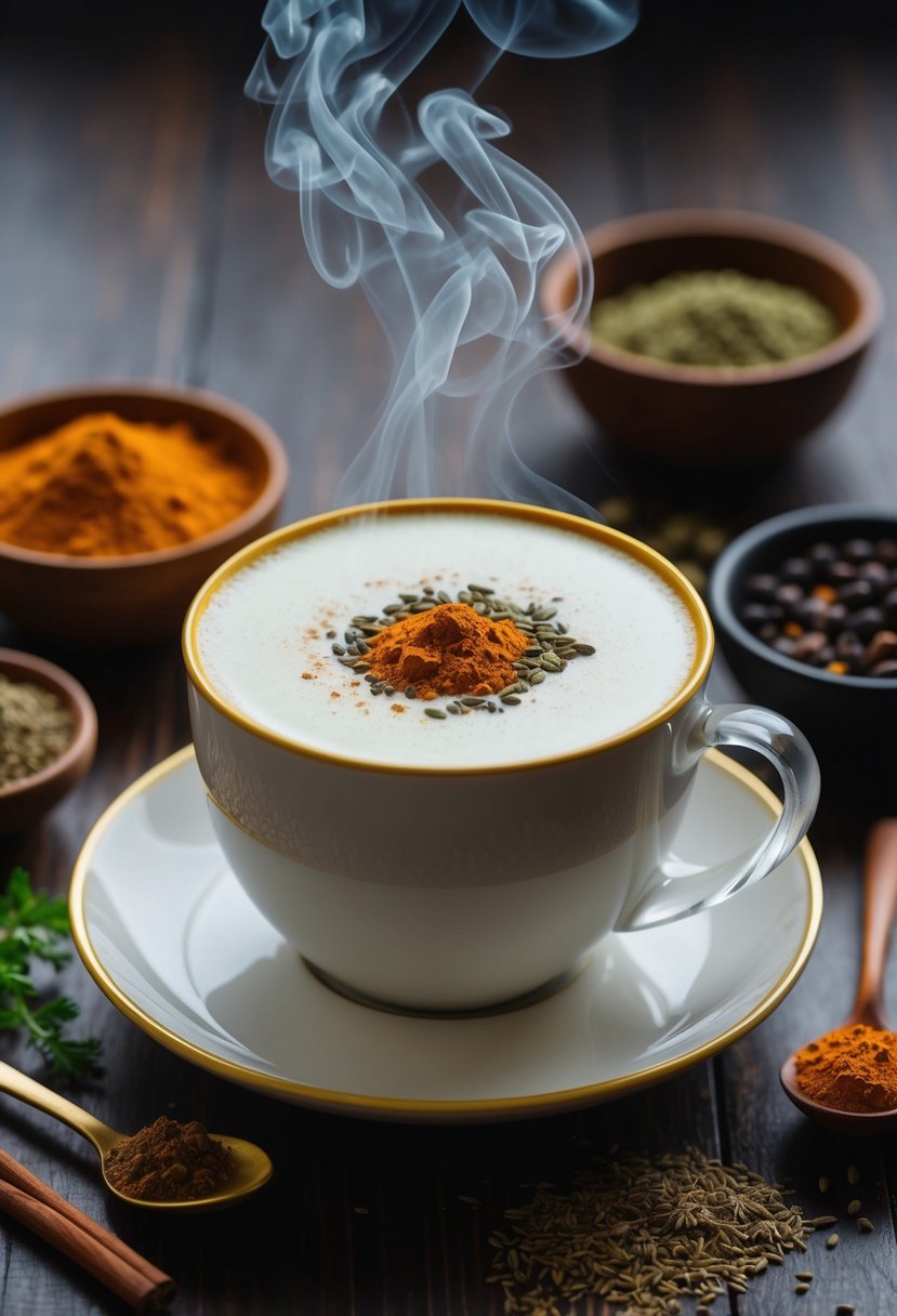 A steaming cup of spiced triphala latte surrounded by detoxifying herbs and spices