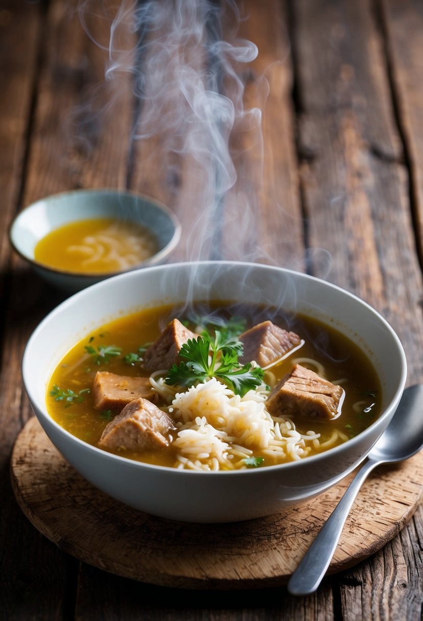 A steaming bowl of Mastava soup sits on a rustic wooden table, with chunks of tender meat and fluffy rice floating in a fragrant, savory broth