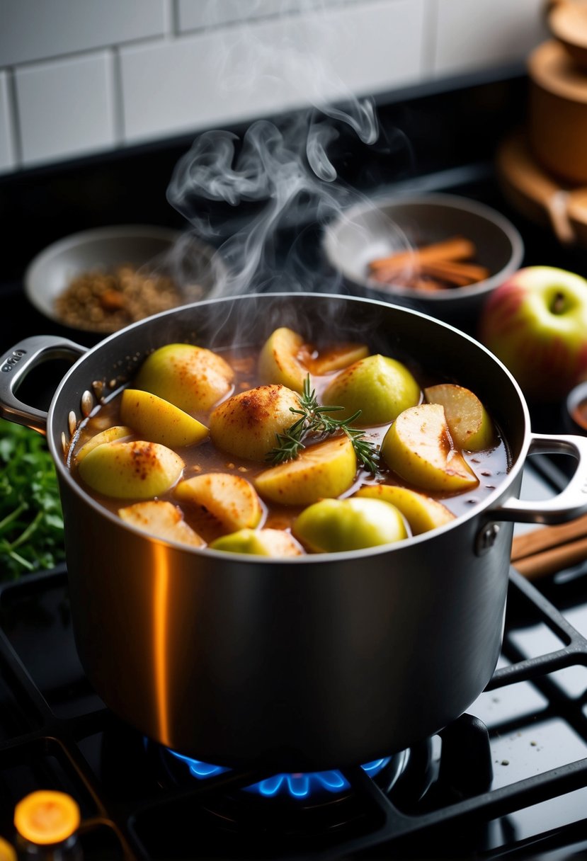 A pot of stewed apples simmering on a stovetop, surrounded by warming spices and herbs, with steam rising from the fragrant mixture