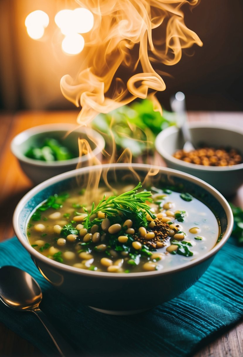 A steaming bowl of mung bean soup with vibrant green herbs and spices, surrounded by warm natural light