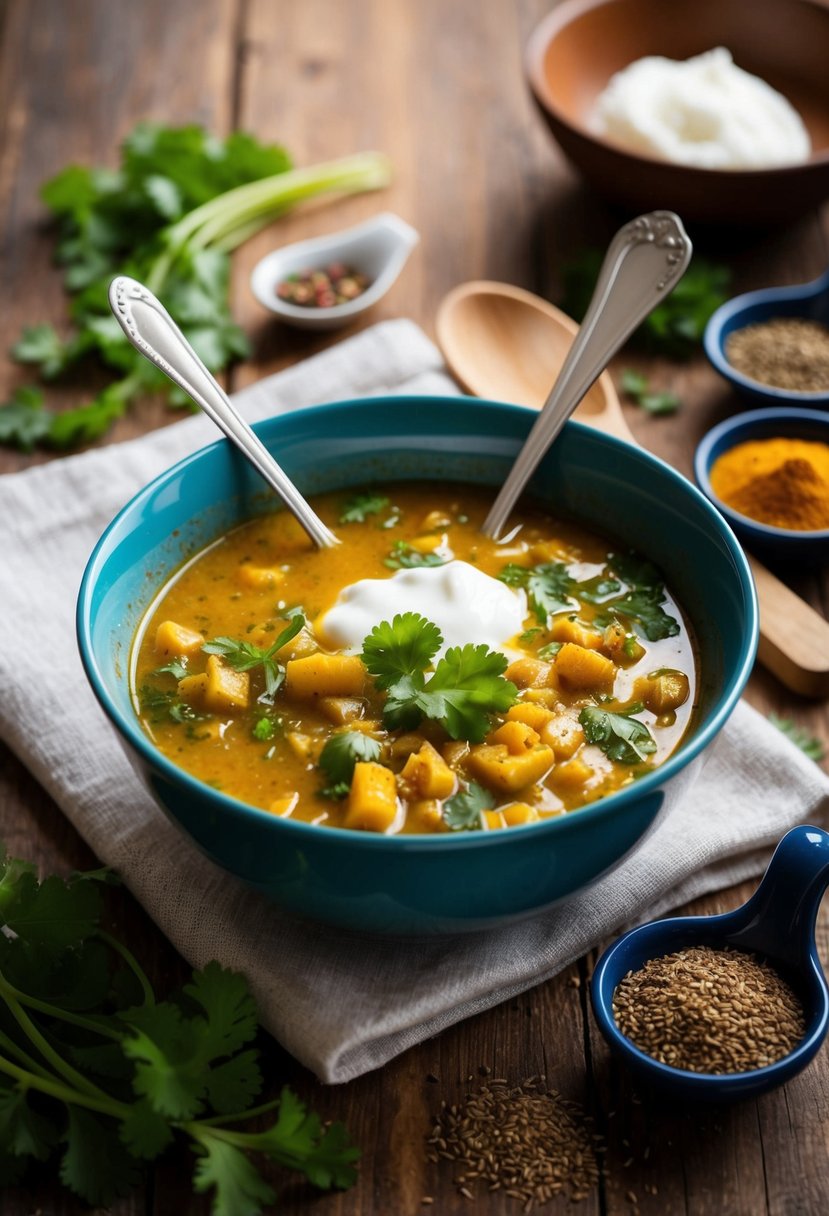 A steaming bowl of Moshurda sits on a rustic wooden table, surrounded by traditional Uzbek spices and herbs. The rich, golden soup is garnished with fresh cilantro and a dollop of creamy yogurt