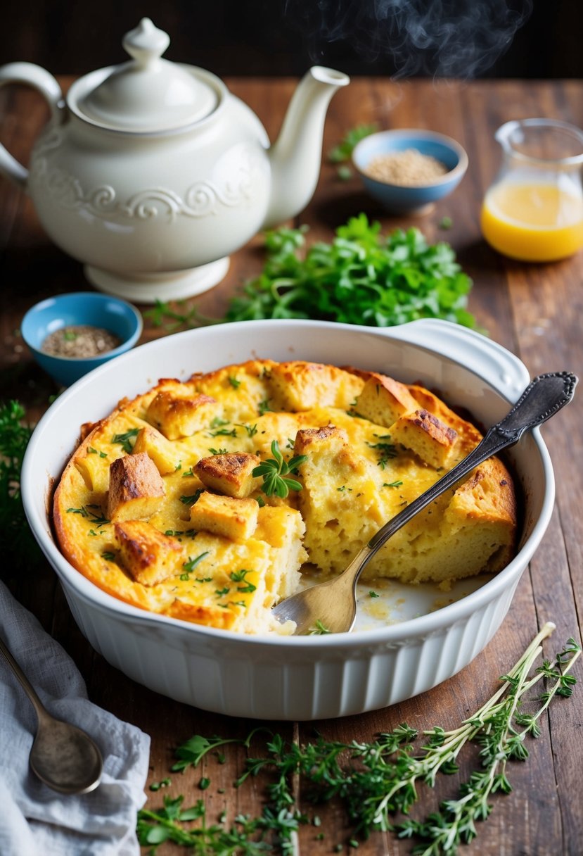 A rustic kitchen table set with a steaming casserole dish of savory breakfast bread pudding, surrounded by fresh herbs and a vintage teapot