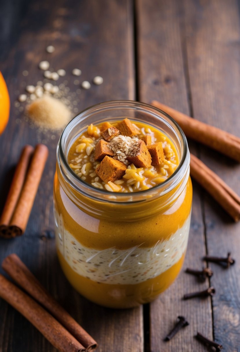 A mason jar filled with pumpkin spice overnight oats surrounded by cinnamon sticks, cloves, and a sprinkle of nutmeg on a wooden table