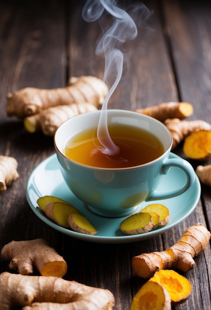 A steaming cup of ginger-turmeric tea sits on a wooden table surrounded by fresh ginger and turmeric roots, with a hint of steam rising from the brew