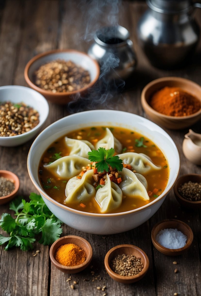 A steaming bowl of Chuchvara dumpling soup surrounded by traditional Uzbek ingredients and spices on a rustic wooden table