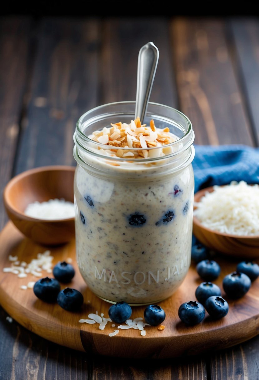 A mason jar filled with creamy blueberry coconut overnight oats sits on a wooden table, surrounded by fresh blueberries and shredded coconut