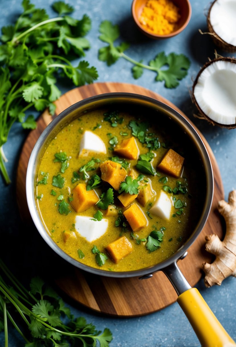 A steaming pot of coconut curry surrounded by vibrant, pitta-pacifying ingredients like cooling cilantro, soothing coconut milk, and fiery ginger