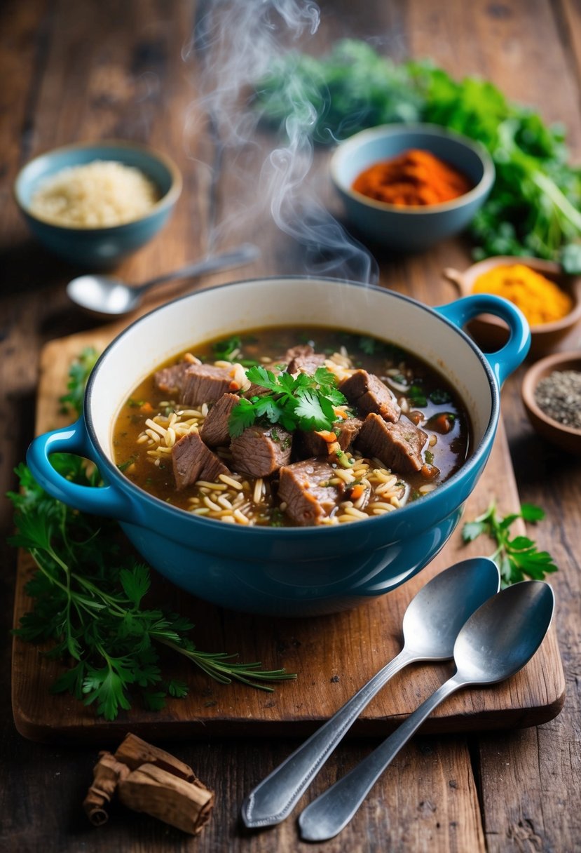 A steaming bowl of Beef and Rice Mastava Uzbek soup sits on a rustic wooden table, surrounded by colorful spices and fresh herbs