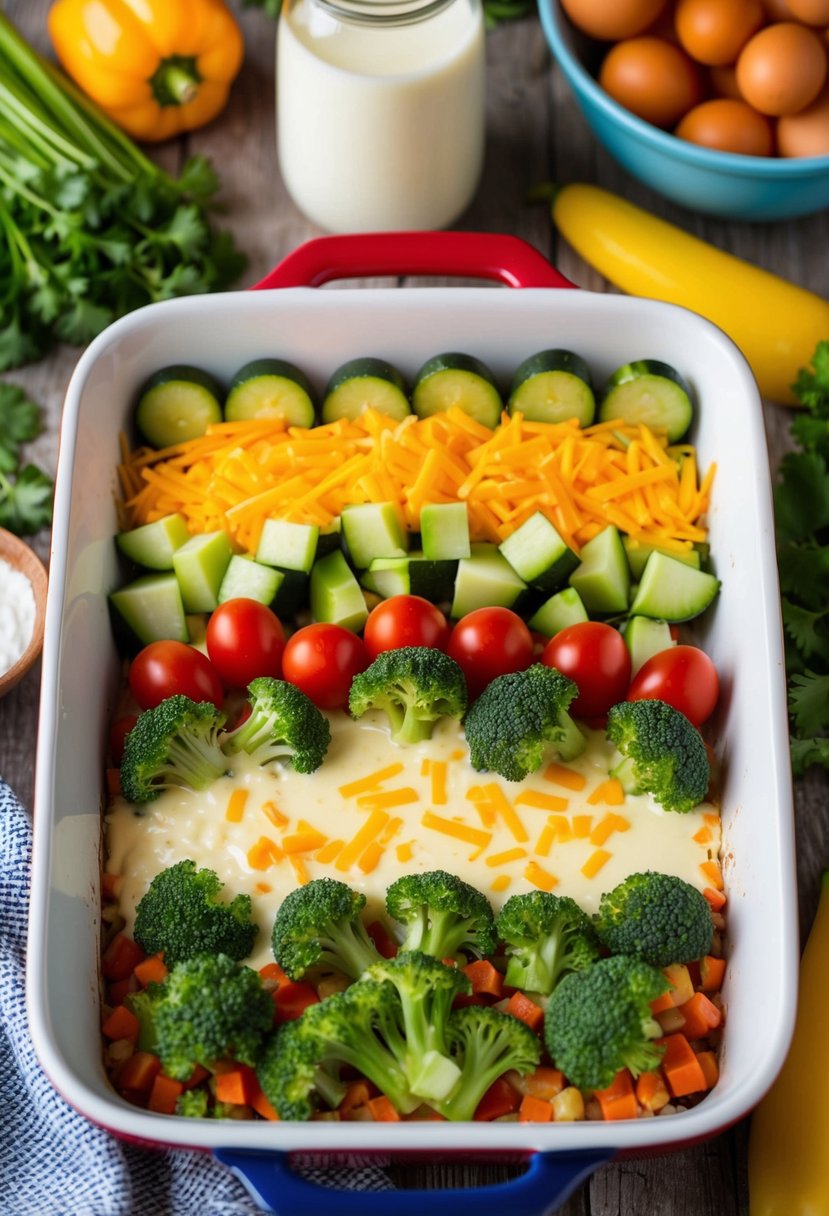 A colorful array of vegetables and cheese arranged in a baking dish, ready to be covered with a mixture of eggs and milk for a Cheesy Veggie Breakfast Bake