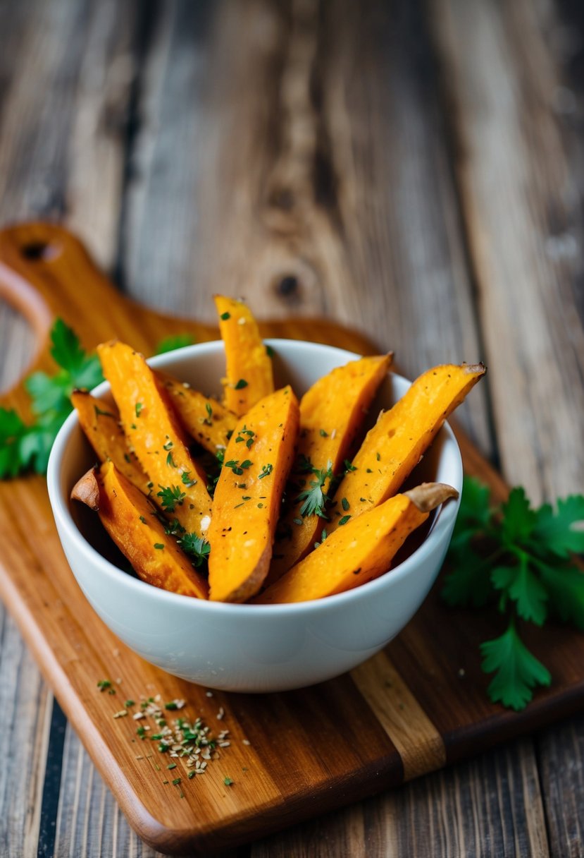 A bowl of golden sweet potato turmeric fries with a sprinkle of herbs on a wooden serving board