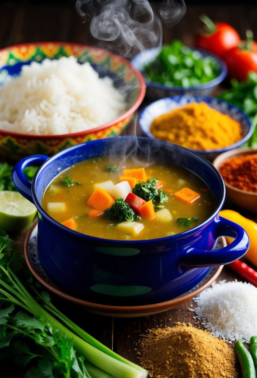 A steaming pot of Vegetable Shurpa soup surrounded by colorful ingredients and traditional Uzbek spices