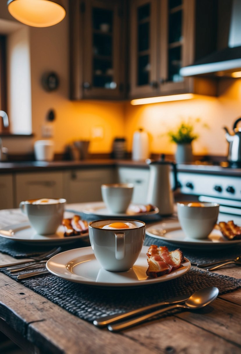 A rustic kitchen table set with bacon and egg breakfast cups, surrounded by a warm, cozy morning light