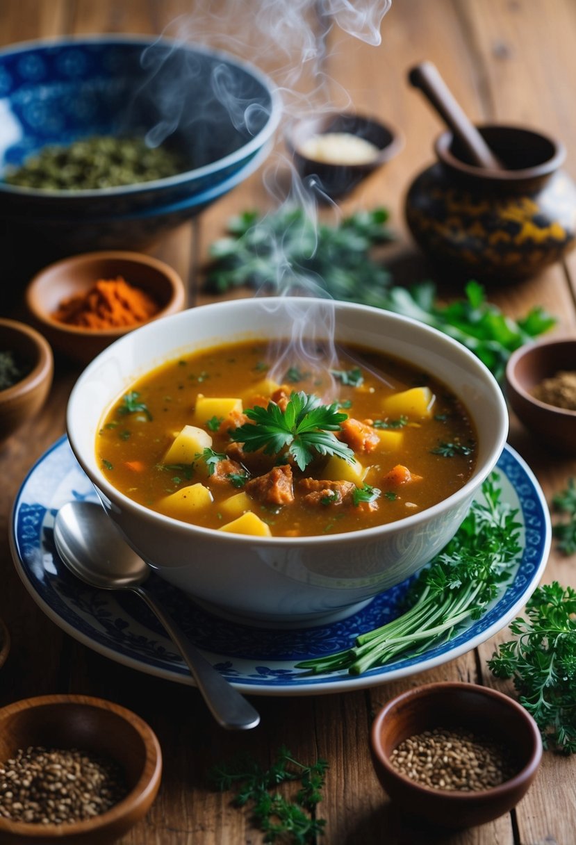 A steaming bowl of Samsa-inspired Uzbek soup surrounded by traditional spices and herbs