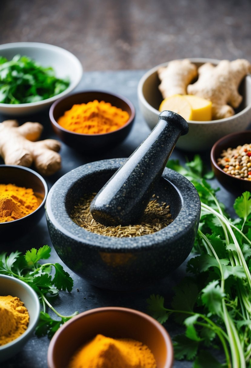 A mortar and pestle grind fresh herbs and spices, surrounded by bowls of vibrant ingredients like ginger, turmeric, and cilantro