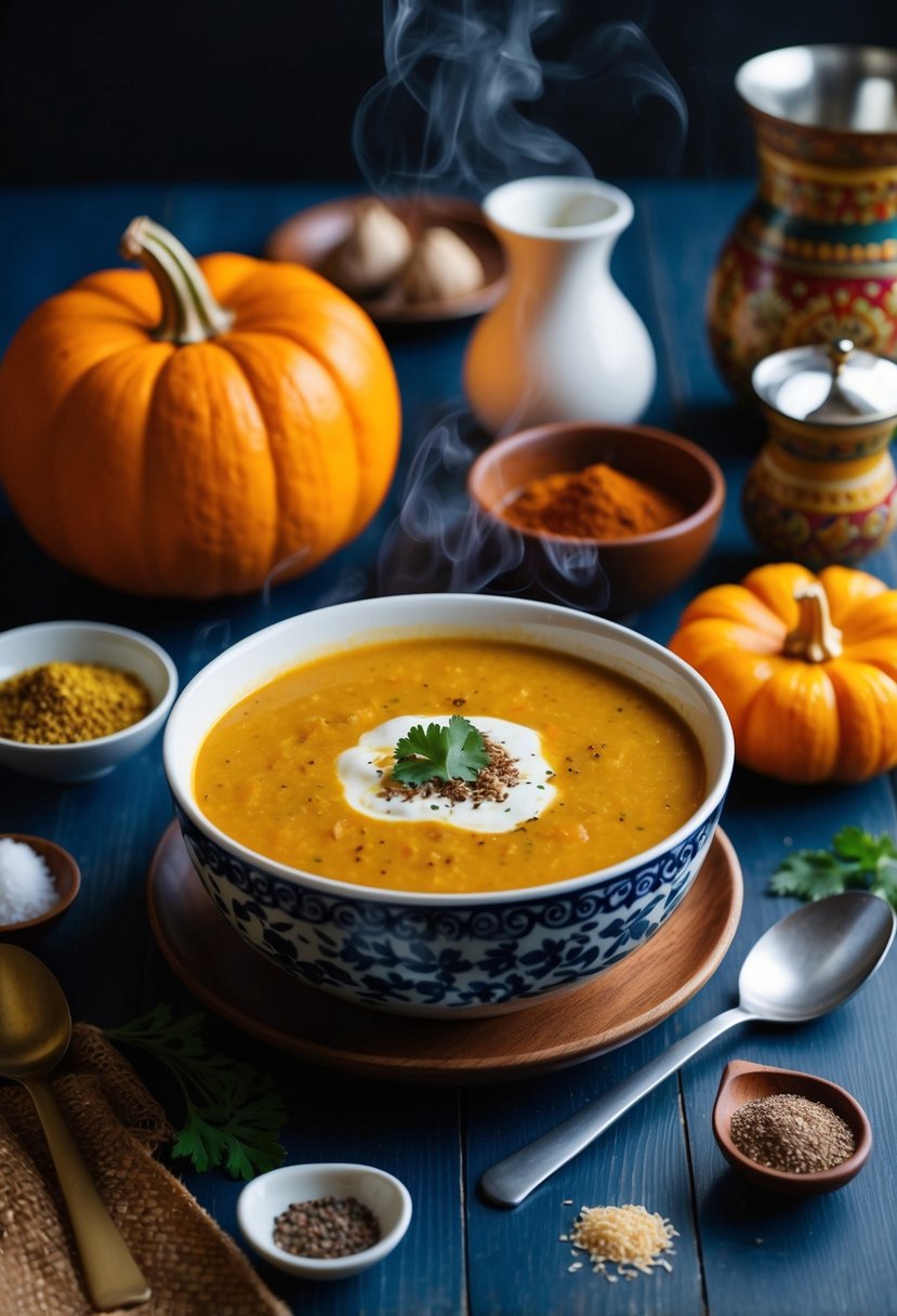 A steaming bowl of creamy pumpkin lagman soup surrounded by traditional Uzbek spices and ingredients