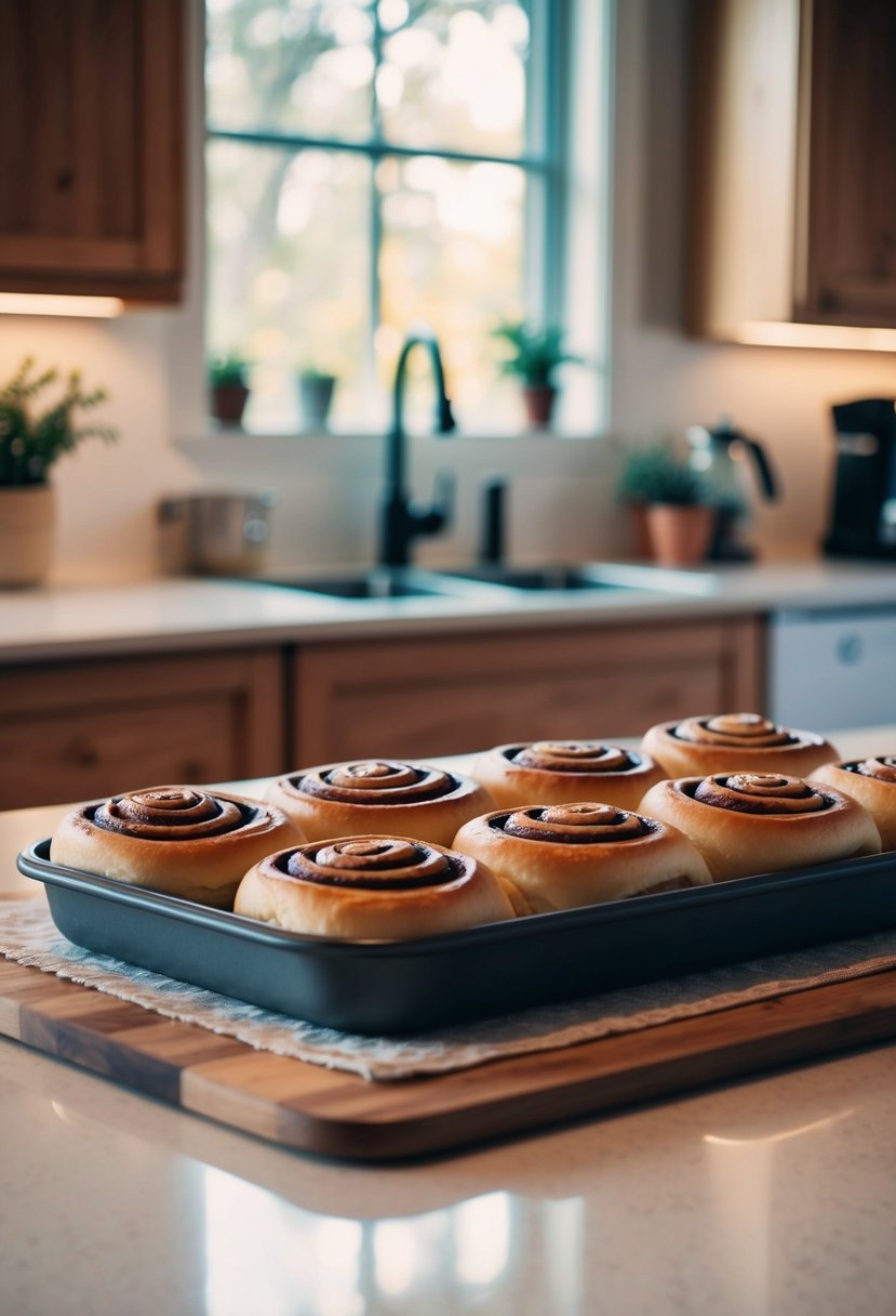 A kitchen counter with a tray of freshly baked cinnamon rolls, surrounded by a warm, cozy atmosphere with a hint of morning light filtering through the window