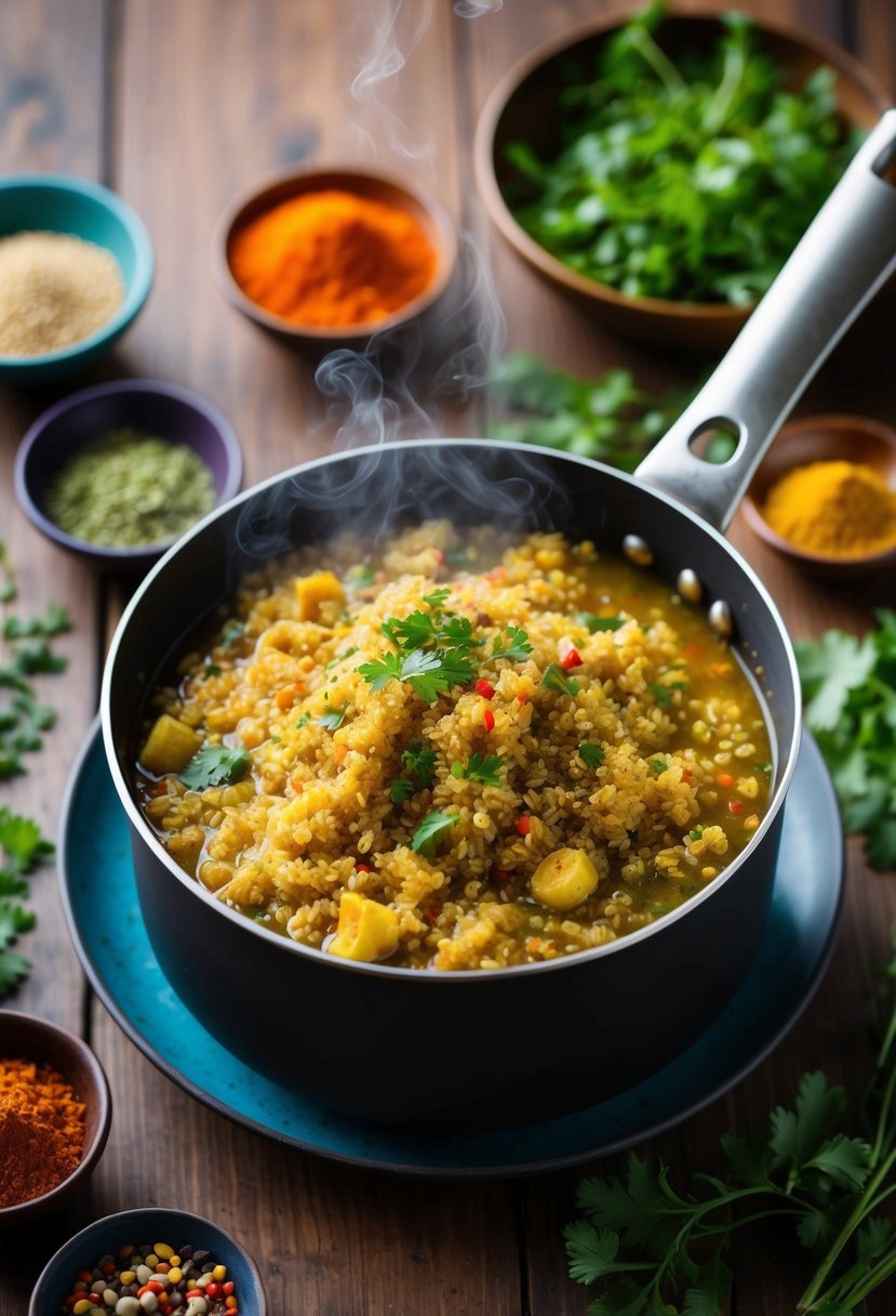 A steaming pot of quinoa khichdi surrounded by colorful spices and herbs on a wooden table