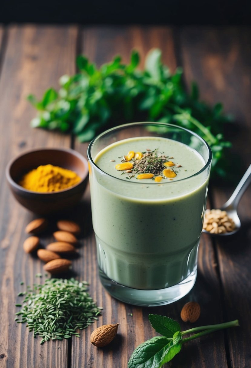 A glass of Brahmi Almond Milk Smoothie with ingredients and herbs surrounding it on a wooden table