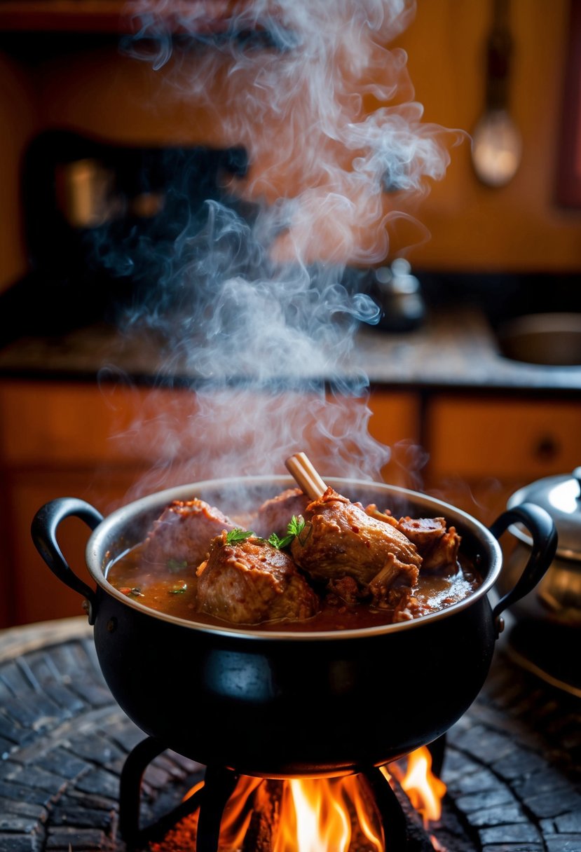 A steaming pot of spicy mutton shurpa simmering over a crackling fire in a traditional Uzbek kitchen. Rich aromas fill the air