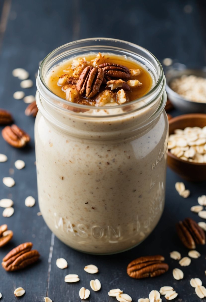 A mason jar filled with creamy overnight oats topped with maple syrup, pecans, and a sprinkle of cinnamon, surrounded by scattered oats and pecans