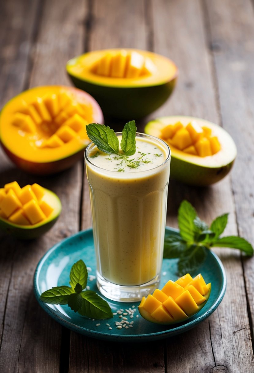 A tall glass of mango lassi sits on a rustic wooden table, surrounded by fresh mangoes and a sprig of mint, evoking a sense of refreshment and Ayurvedic wellness