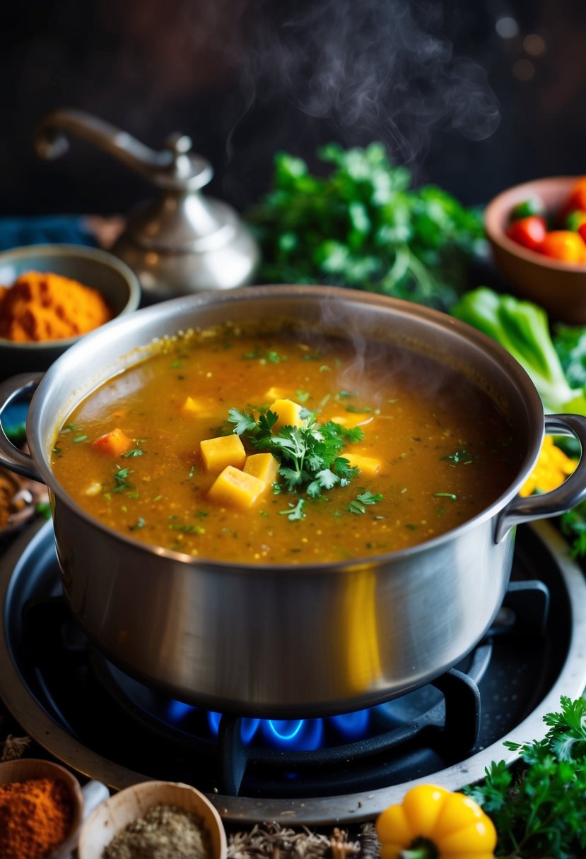 A steaming pot of Shurpa soup simmering on a rustic stove, surrounded by colorful spices, herbs, and fresh vegetables