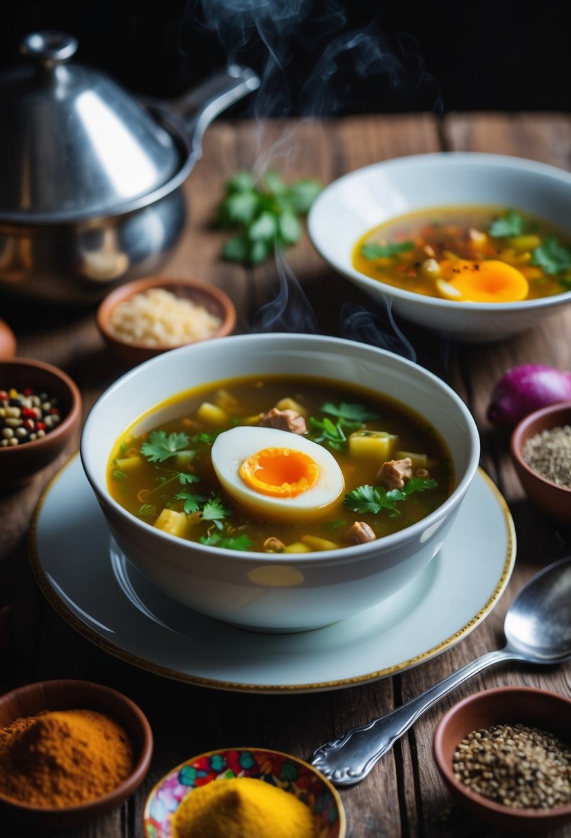 A steaming bowl of Quail Egg Lagman Uzbek soup, surrounded by colorful ingredients and traditional spices, sits on a rustic wooden table