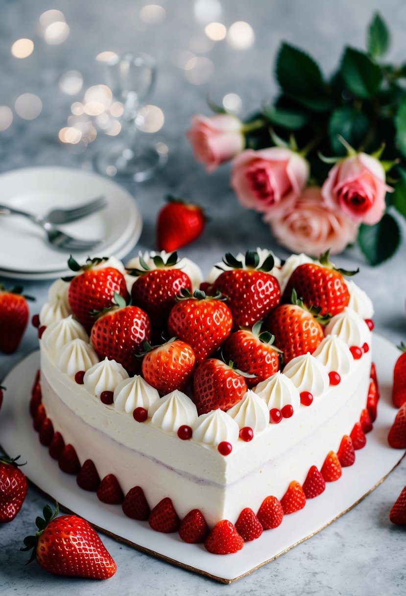 A heart-shaped cake surrounded by fresh strawberries and roses