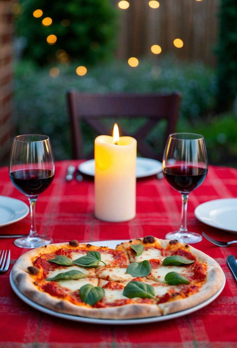 A heart-shaped pizza on a red checkered tablecloth with two glasses of wine and a candlelit centerpiece