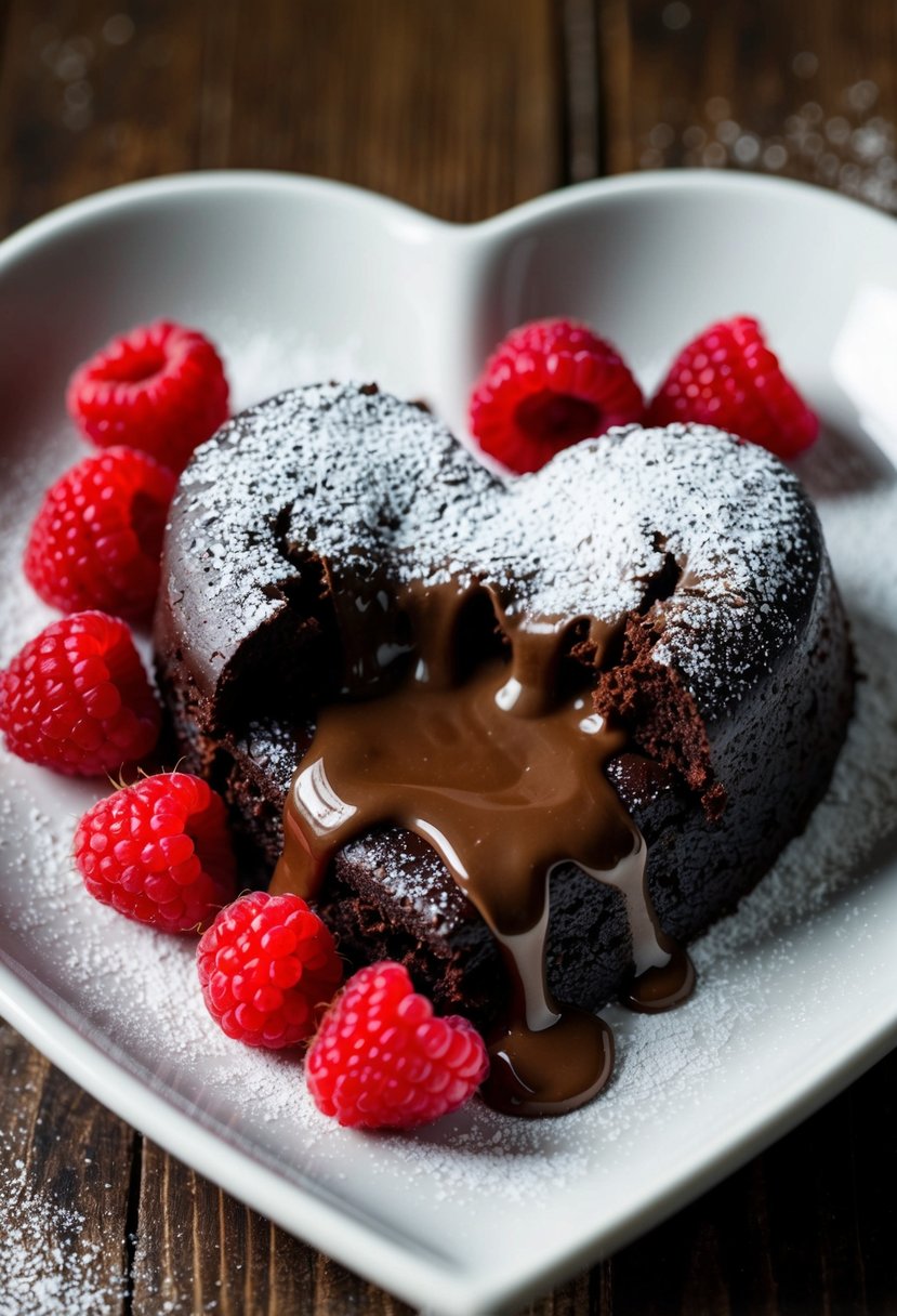 A rich, gooey chocolate lava cake sits on a heart-shaped plate, surrounded by fresh raspberries and a dusting of powdered sugar