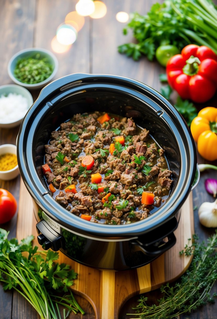 A crockpot filled with simmering ground beef, surrounded by colorful vegetables and aromatic herbs