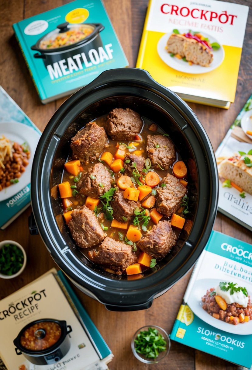 A slow cooker filled with meatloaf ingredients surrounded by crockpot recipe books