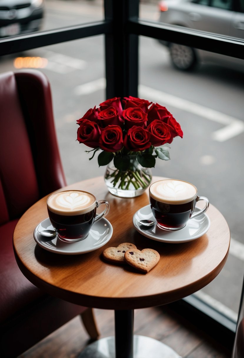 A cozy cafe table with two red wine lattes, heart-shaped cookies, and a bouquet of red roses