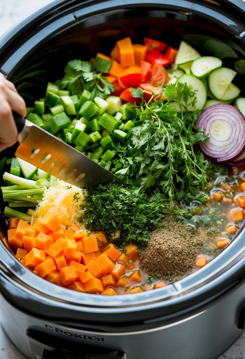 A colorful array of fresh vegetables being chopped and added to a bubbling crockpot filled with fragrant herbs and spices