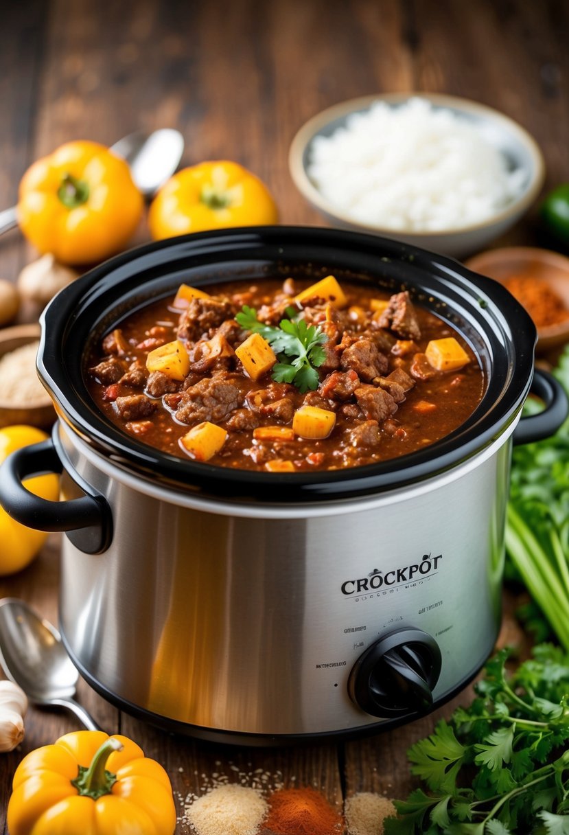 A bubbling crockpot filled with hearty beef chili, surrounded by fresh ingredients and spices