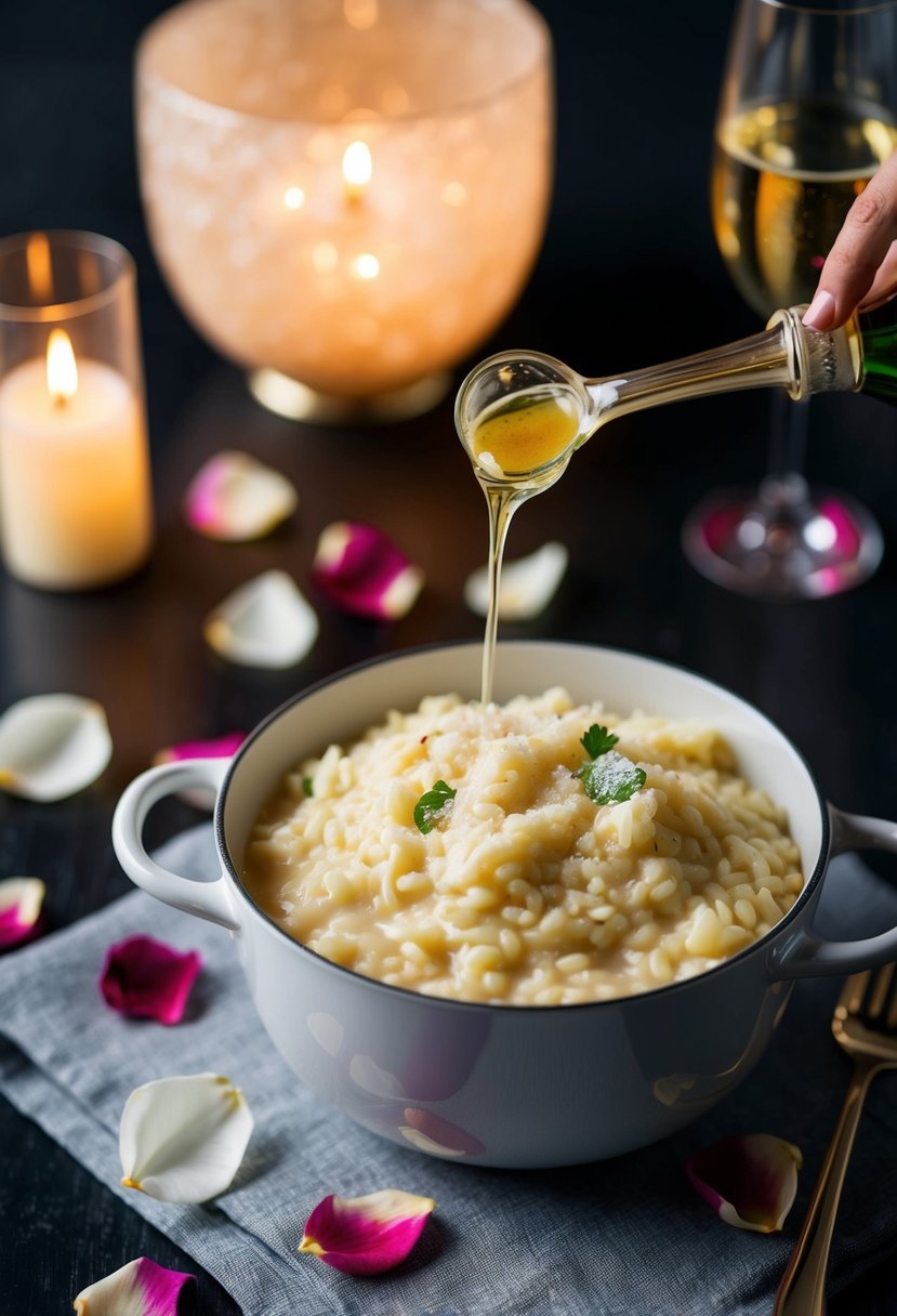 A bubbling pot of creamy champagne risotto with scattered rose petals and candlelight