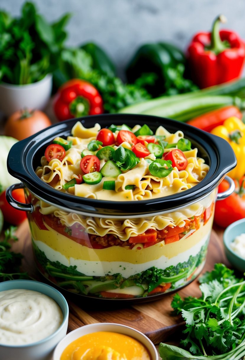 A colorful array of fresh vegetables, lasagna noodles, and creamy cheese sauce layered in a crockpot, ready to be cooked into a healthy and delicious vegetarian meal