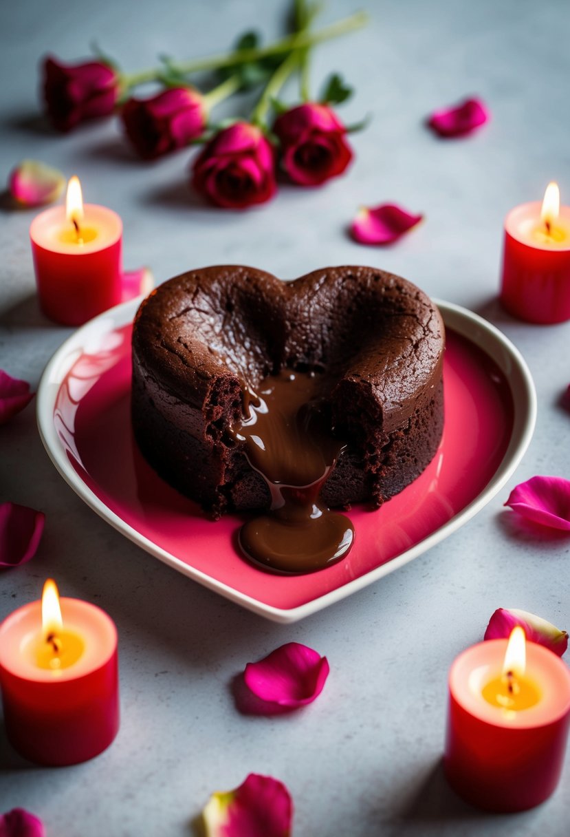 A rich, gooey chocolate lava cake oozes molten filling onto a heart-shaped plate. Surrounding the dessert are scattered rose petals and flickering candles, creating a romantic Valentine's Day scene