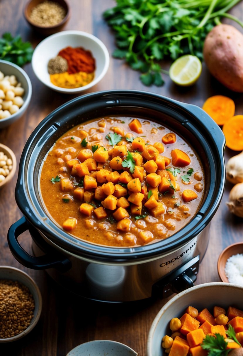 A bubbling crockpot filled with colorful chickpea sweet potato curry, surrounded by fresh ingredients and spices