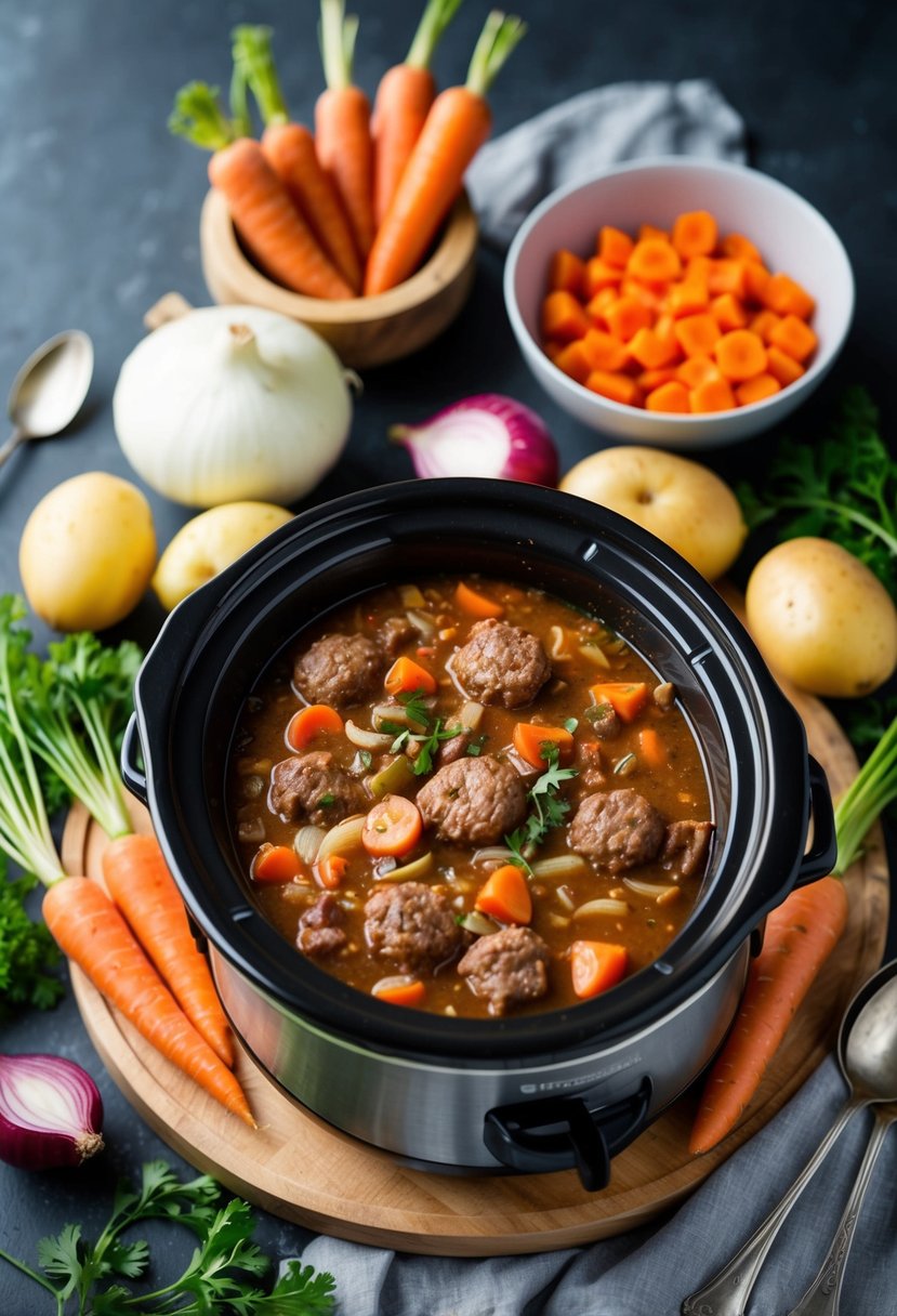 A steaming crockpot filled with hearty hamburger stew, surrounded by fresh ingredients like carrots, potatoes, and onions